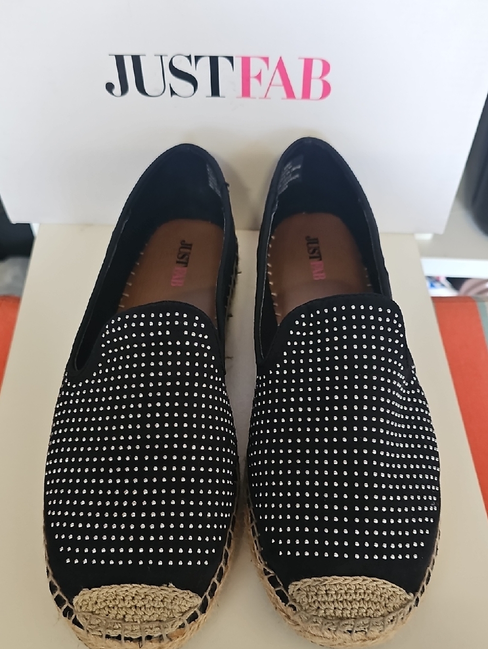 JustFab Black Studded Espadrille Slip-Ons with Natural Jute Trim